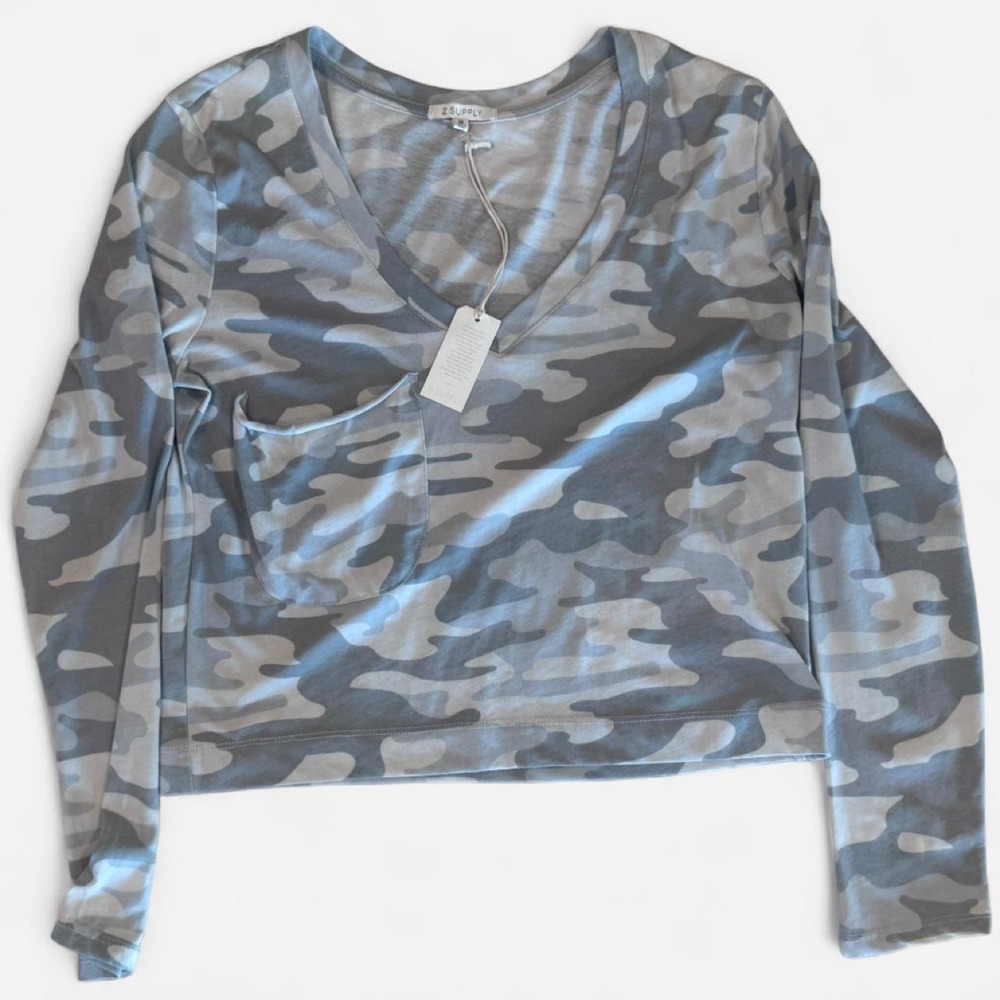 NWT Z Supply The Camo Long Sleeve Tee V-Neck Pocket Gray M